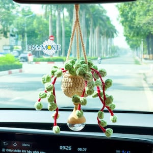 Könnte beinhalten: Eine gehäkelte Hängepflanze mit grünen Blättern und roten Stielen in einem beigefarbenen Topf. Die Pflanze hängt an einem Rückspiegel in einem Auto. Das Wort "HAMMONIE" ist im Hintergrund sichtbar.