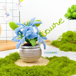 May include: A crocheted blue flower arrangement in a brown pot with a white rim. The flower arrangement is on a wooden base and surrounded by green moss. The word "cure" is written in cursive on a green wire.