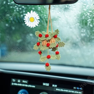 Crochet Christmas Holly Plant Car Hanging, Christmas Car Accessories, Crochet Christmas Car Decor, Christmas Gift Ideas, Plant Lover Gift