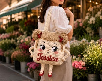 Personalized Crochet Amigurumi Doll Tote Bag, Custom Name Women Bag, Handmade Shoulder Bag, Unique Gift for Her