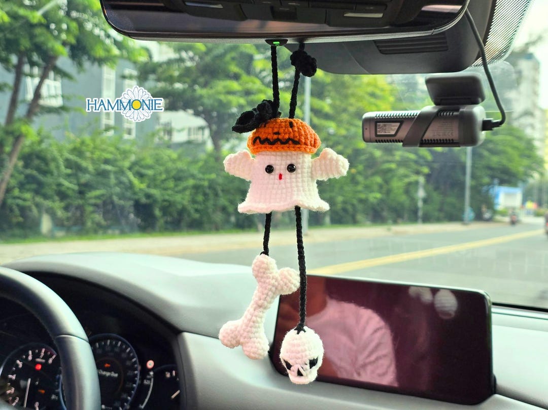 Crochet Halloween Ghost Car Mirror Hanging, Car Decor - Etsy