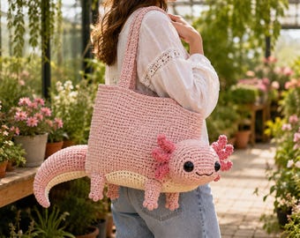 Pink Axolotl Crochet Tote Bag, Handmade Amigurumi Shoulder Bag, Knitted Women Bag, Unique Tote Bag Gift