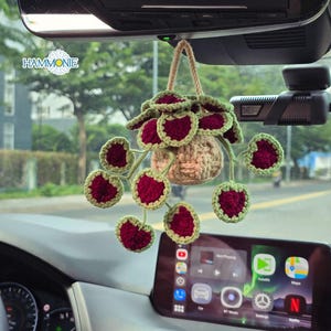 May include: A crocheted plant decoration hanging from a car's rearview mirror. The plant has burgundy heart-shaped leaves with green borders and a beige pot. The word "HAMMONIE" is visible on the mirror.