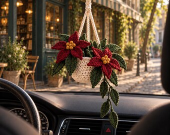 Christmas Crochet Poinsettia Car Charm, Christmas Hanging Planter, Cute Car Hanging Decor, Holiday Car Accessory, Plant Lover Gift
