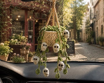 Crochet Halloween Car Plant Hanger, Handmade Mummy Plant Pot Car Charm, Spooky Cute Car Decor, Unique Car Accessory, Plant Lover Gift