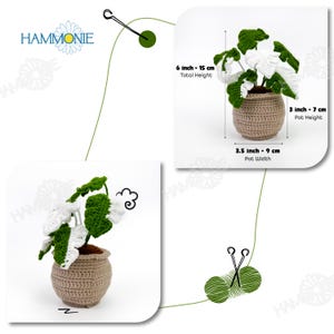 May include: Crocheted white and green plant in a brown pot. The plant is 6 inches tall and the pot is 3.5 inches wide. HAMMONIE is written in the top left corner of the image.
