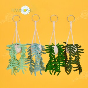 May include: Four crocheted hanging plant pots with green and white leaves. The pots are attached to silver rings and white cords.