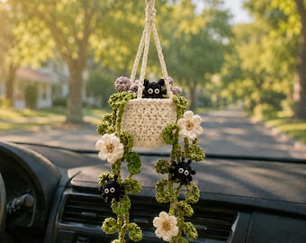 Halloween Crochet Spider Car Hanging Plant, Cute Rear View Mirror Charm, Spooky Floral Basket Decor, Handmade Fall Car Gift