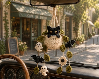 Crochet Halloween Plant Car Hanging, Handmade Black Cat Ghost & Bat Car Charm, Cute Car Decor, Spooky Car Accessory, Plant Lover Gift