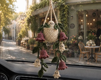 Halloween Crochet Plant Car Hanging, Handmade Ghostbell Flower Basket Car Charm, Spooky Car Decor, Plant Lover Gift