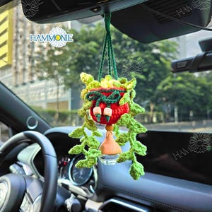 May include: A crocheted hanging plant with green leaves and a red pot. The plant is hanging from the rearview mirror of a car. The word "HAMMONIE" is visible in the image.