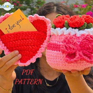 Boîte cadeau et pochette pour cartes avec motif au crochet, bouquet de fleurs au crochet dans une boîte, motif au crochet sans couture pour débutants, boîte cadeau pour la Saint-Valentin