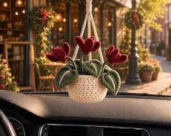 Crochet Ruby Bloom Plant Car Hanging, Crochet Floral Hanging Planter with Diffuser Bottle, Cute Car Accessory, Plant Lover Gift, Car Charm
