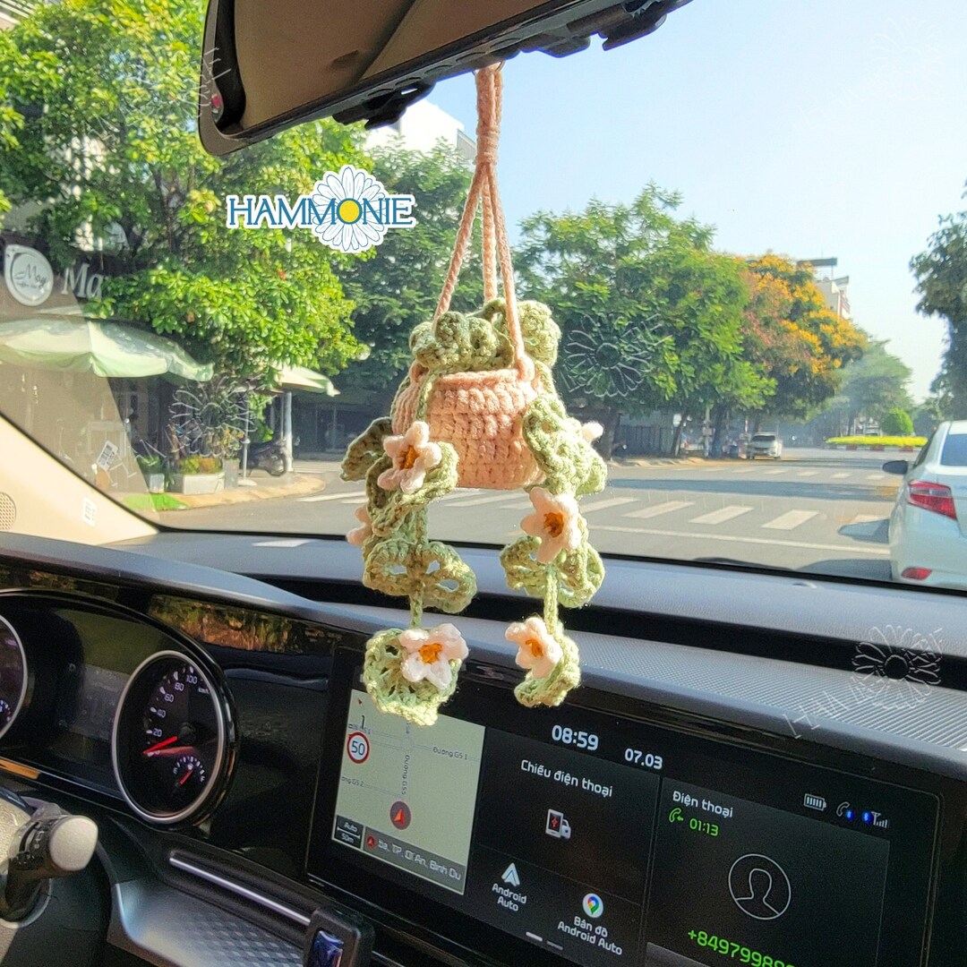 Crochet Daisy Plant, Crochet Plant Car Hanging, Car Plant Decor, Car