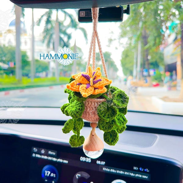 Crochet Sundrop Flower Car Hanging, Car Accessories for Women, Crochet Plant Car Decor, Plant Lover Gift