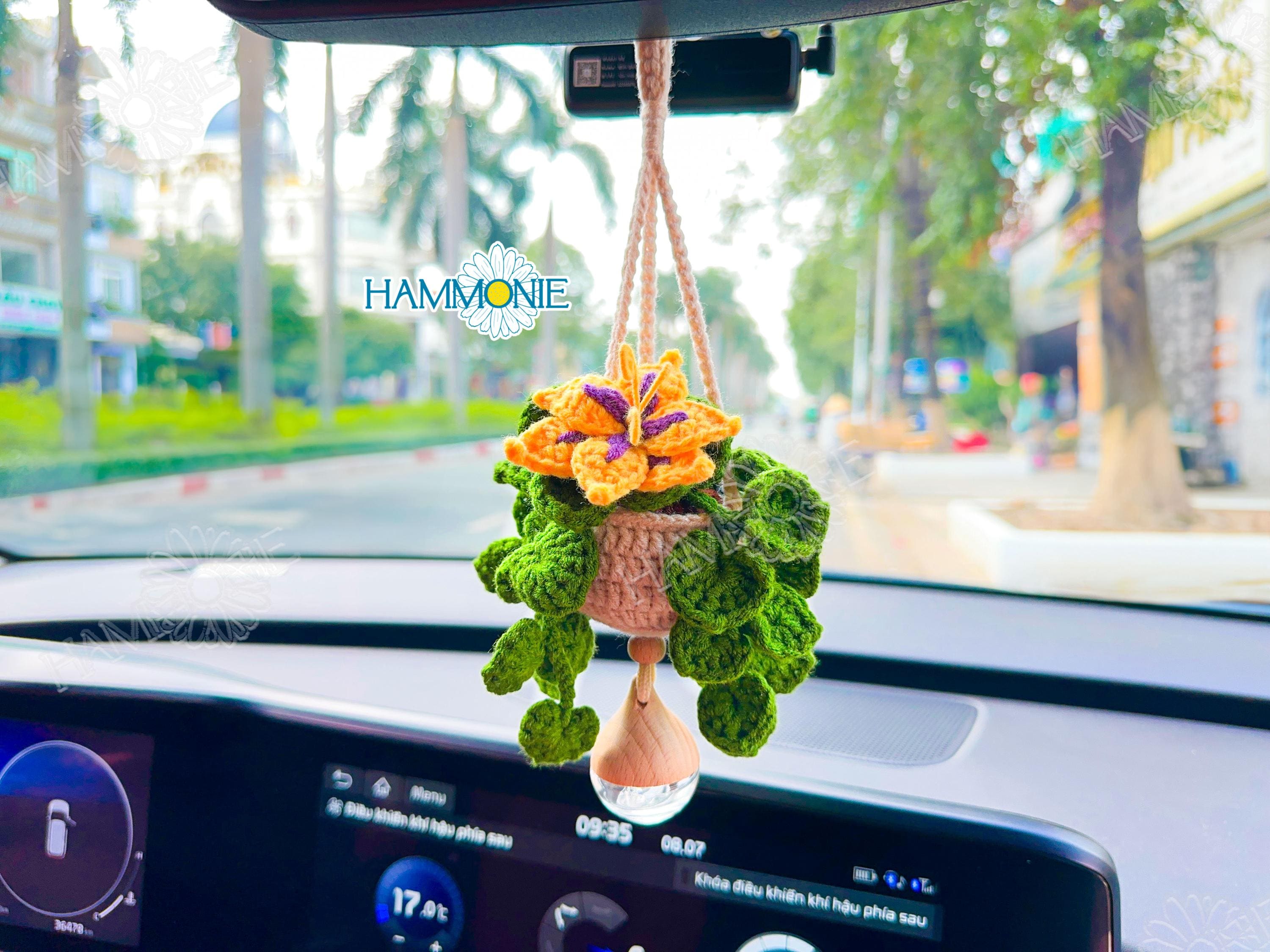 Crochet Sundrop Flower Hanging Plant, Car Mirror Hanging, Handmade Car Ornament, Car Accessories for Women, Plant Lover Gift, Cute Car Decor