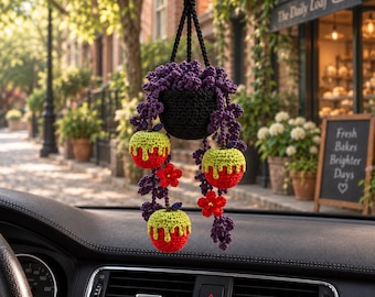 Halloween Crochet Poison Apple Plant Car Hanging, Crochet Spooky Succulent Car Charm, Gothic Car Decor, Cute Car Accessory, Plant Lover Gift