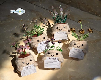 May include: Five handmade crochet plant pots with smiling faces, each holding a name tag. The pots contain various beaded flowers in shades of pink, purple, and gold. The brand name "HAMMONIE" is in the upper left corner.