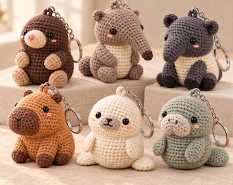 Crochet Cute Quirky Amigurumi Keychain, Whimsical Bag Charm, Plushie Backpack Charm, Phone Charm, Capybara Seal Mole Anteater Tapir Manatee