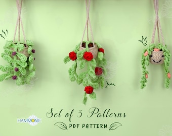 May include: Set of 3 crochet plant hanger patterns. The patterns are for a hanging plant with red flowers, a hanging plant with purple flowers, and a hanging plant with a smiling face.