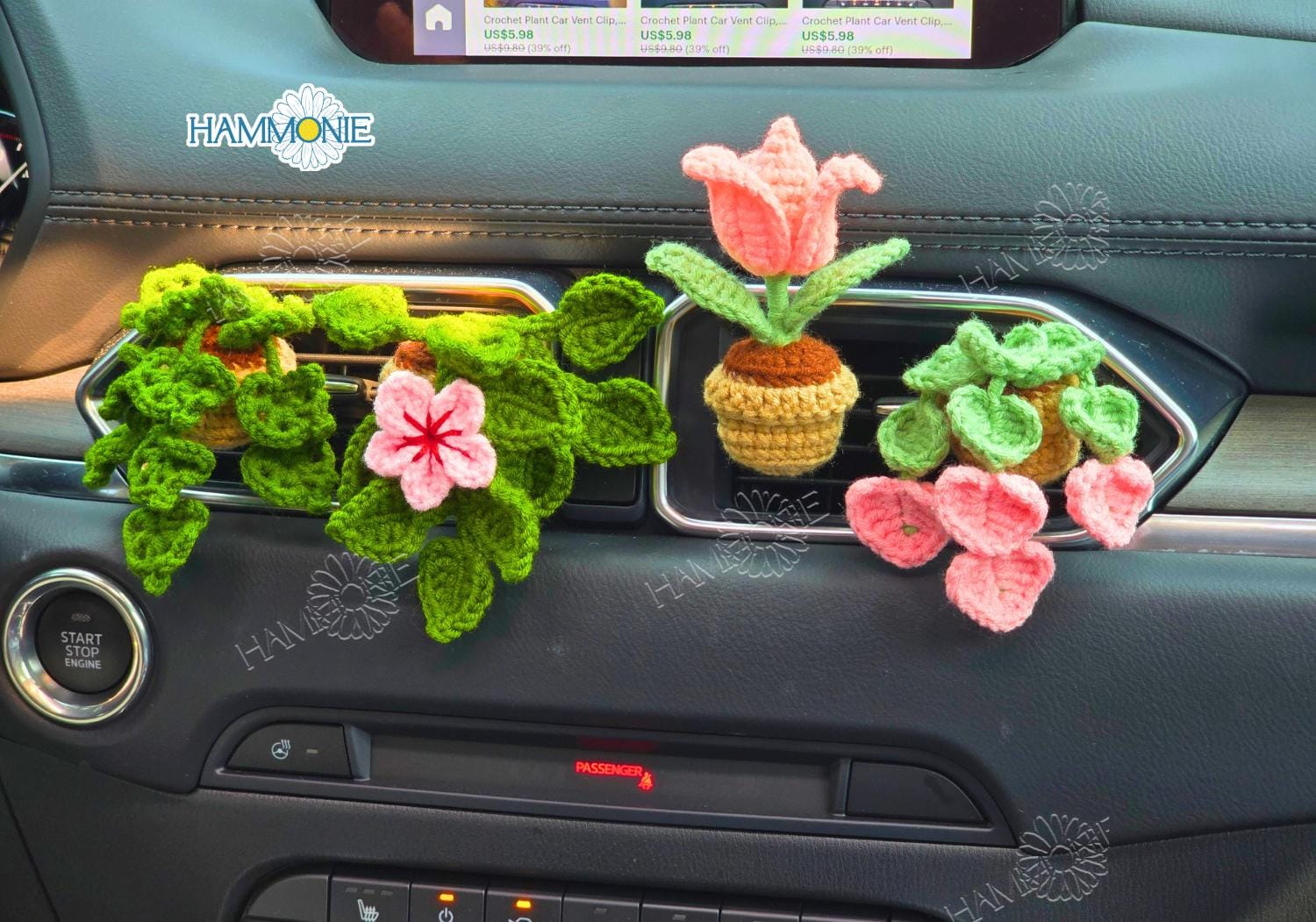 Gehäkelter Pflanzen-Auto-Lüftungsclip, Gehäkeltes Rosa Auto-Dekor, Auto-Zubehör für Frauen, Auto-Lufterfrischer-Dekor, Pflanzenliebhaber-Geschenk