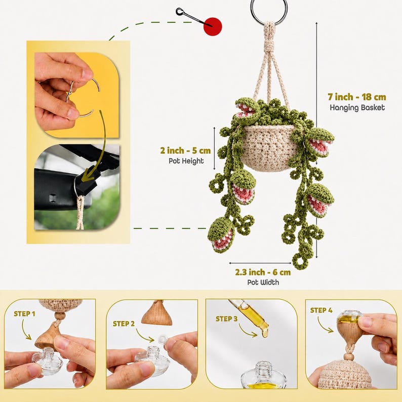 May include: A crochet hanging basket with green carnivorous plant vines featuring pink interiors. The pot is 2 inches high and 2.3 inches wide, with a total hanging length of 7 inches. Includes instructions for filling with oil using a dropper.