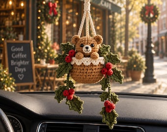 Crochet Christmas Bear Holly Plant Car Hanging, Crochet Teddy Amigurumi Car Charm, Christmas Car Decor, Plant Lover Gift, Christmas Gift