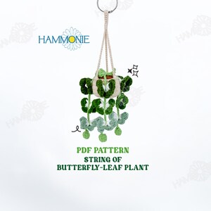 May include: A PDF pattern for crocheting a hanging string of butterfly-leaf plants. The pattern includes instructions for creating a small pot and the leaves, which are green and white.