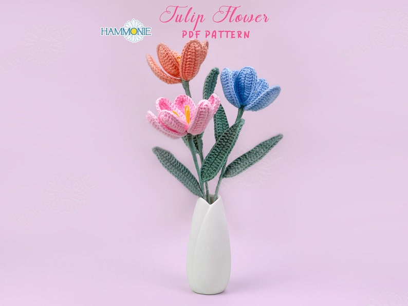 Mini Tulips with a Vase crochet flower pattern listing photo by Hammonie