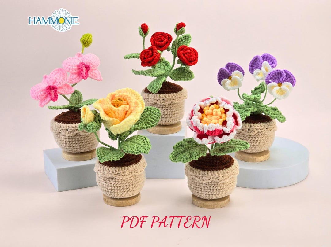 Crochet Flowers in Pot Pattern: Set of 5, Floral Bouquet (PDF Pattern ...