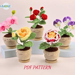 Häkelanleitung Set 5 Blumen im Topf, Häkelanleitung Blumenstrauß für Mama, High-End Häkelanleitung für Profis Schritt für Schritt