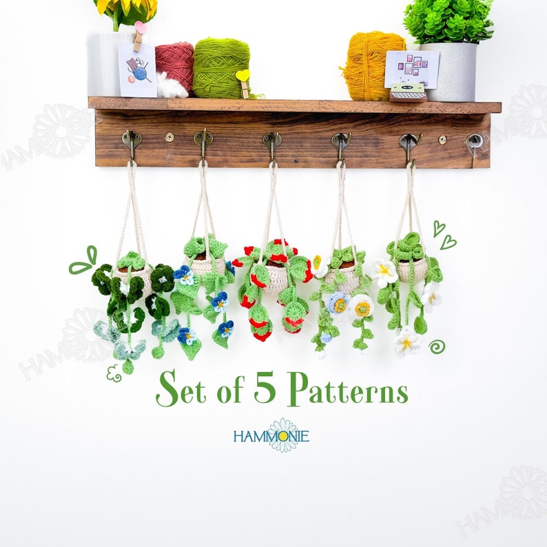 May include: Set of 5 crochet patterns for hanging plant pots. The patterns feature different types of plants, including a strawberry plant, a flower plant, and a leafy plant. The patterns are available for download and can be used to create your own crocheted hanging plant pots.