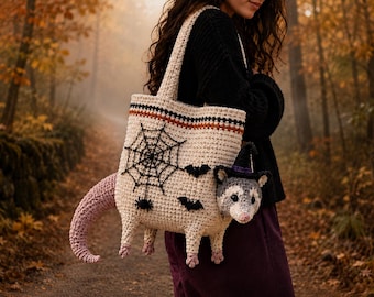 Crochet Halloween Opossum Tote Bag, Handmade Halloween Amigurumi Tote Bag, Spooky Cute Woman Shoulder Bag, Unique One of a kind Gift