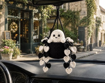Crochet Ghost Heart Vine Plant Car Hanging, Halloween Car Mirror Hanging, Spooky Car Charm, Cute Car Accessory Decor, Plant Lover Gift