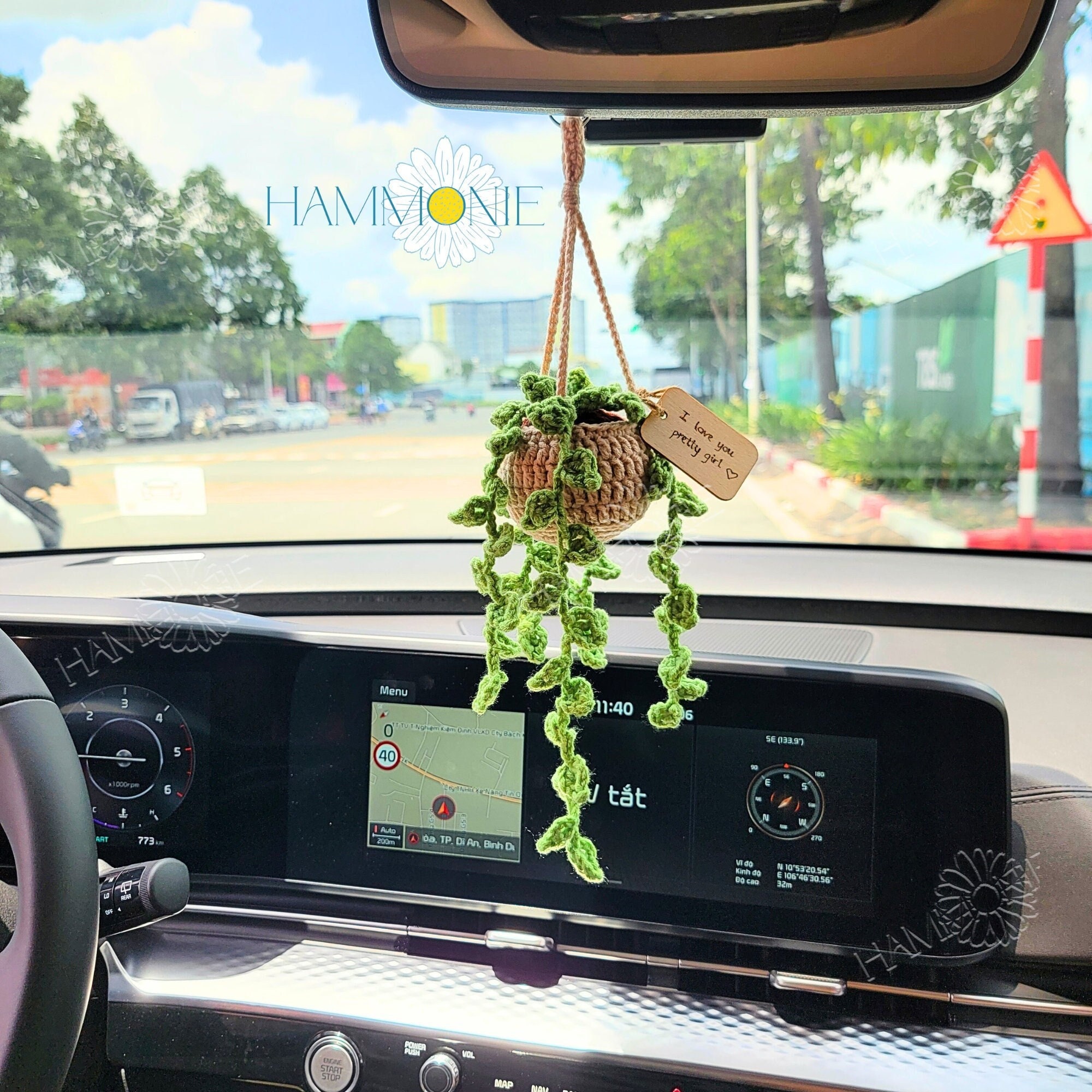 Niedliche Auto Spiegel Hängeleuchte Pflanze Chlorophytum comosum mit Blume  Innen Rückspiegel Blume Auto Zubehör häkeln Geschenk für Auto - .de