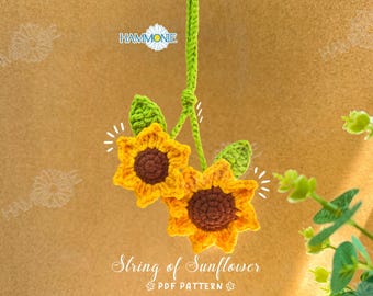 Op de afbeelding: Haakpatroon voor een ketting van zonnebloemen. Het patroon bevat instructies voor het maken van een hangende decoratie met drie zonnebloemen en groene bladeren.