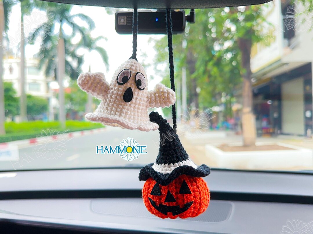 Crochet Halloween Car Hanging: Ghost and Pumpkin Mirror Decor - Etsy