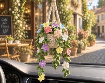 Crochet Colorful Flower Basket Car Hanging, Multi Flowers Plant Pot Car Charm, Floral Car Accessory, Cottagecore Car Decor, Handmade Gift