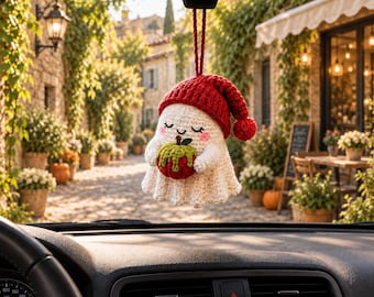 Crochet Ghost Car Charm, Poison Apple Ghost Halloween Car Hanging, Cute Spooky Car Decor, Handmade Fall Car Ornament Gift
