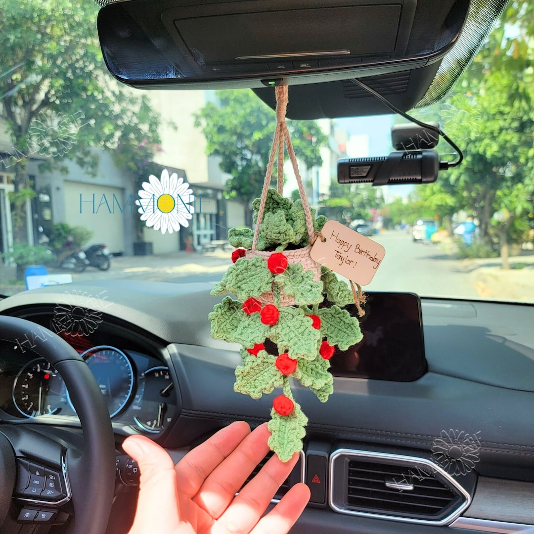 Christmas Crochet Holly Plant Car Hanging, Car Accessories for Women