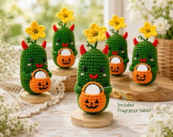 Crochet Halloween Pickle with Pumpkin Bucket Fragrance Holder, Cute Devil Amigurumi Desk Decor, Handmade Funny Halloween Gift