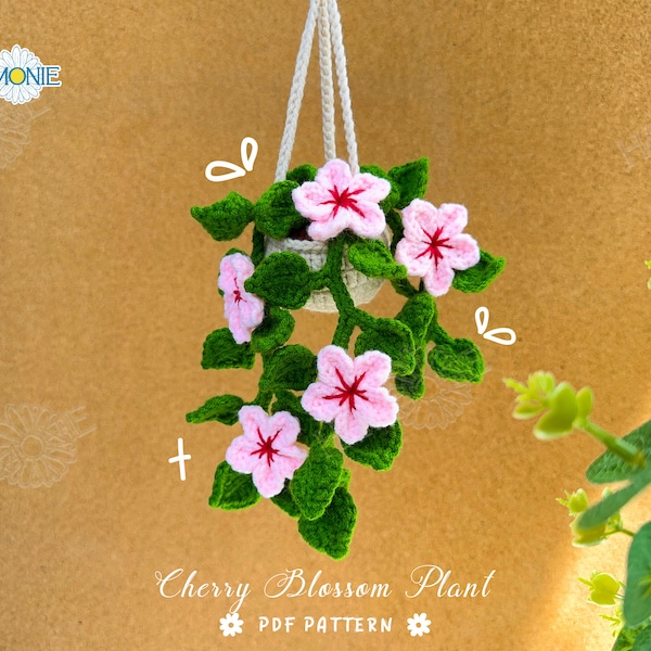 Crochet Cherry Blossom Plant Pattern: Car Hanging Flower Basket (PDF Pattern)