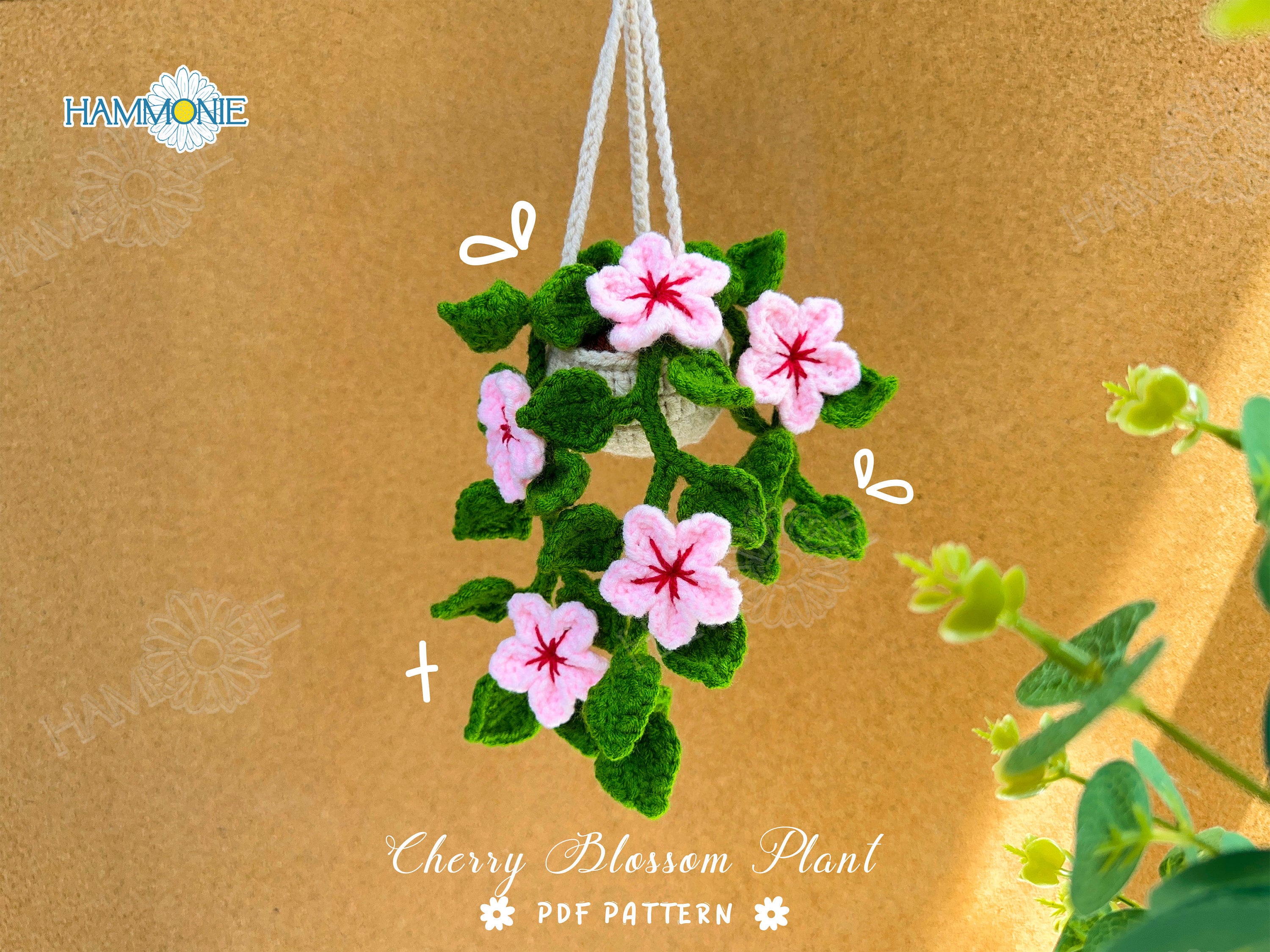 Crochet Cherry Blossom Plant Pattern: Car Hanging Flower Basket