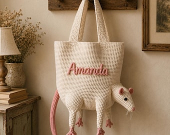 Personalized Crochet Amigurumi Rat Tote Bag, Custom Name Women Bag, Cute Animal Shoulder Bag, Handmade Large Bag for Her