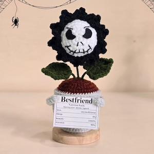 Peut inclure: Fleur au crochet avec un visage de cr&acirc;ne, des p&eacute;tales noirs et des feuilles vertes. La fleur est dans un pot avec une &eacute;tiquette indiquant "Bestfriend" et "Nutrition Facts". Le fond pr&eacute;sente des toiles d'araign&eacute;es et des araign&eacute;es.