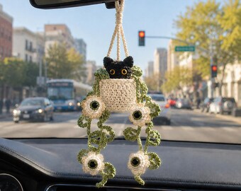 Crochet Halloween Black Cat Plant Car Hanging, Eyeball Flower Plant Car Charm, Spooky Cute Halloween Car Decor, Plant Lover Gift