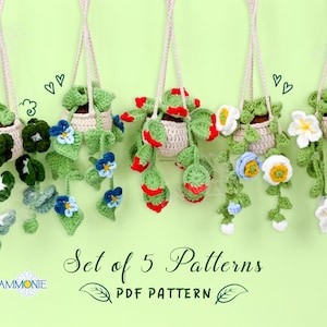 May include: Set of 5 crochet patterns for hanging potted plants. The patterns include a variety of plants with different colors and textures, including green, red, white, and blue. The patterns are available as a PDF download.  The text on the image reads "Set of 5 Patterns PDF Pattern".