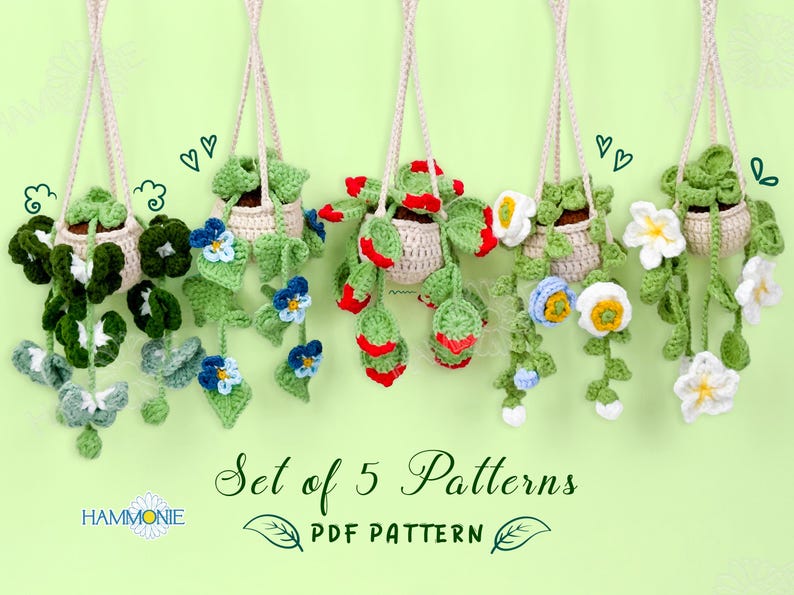 May include: Set of 5 crochet patterns for hanging potted plants. The patterns include a variety of plants with different colors and textures, including green, red, white, and blue. The patterns are available as a PDF download.  The text on the image reads "Set of 5 Patterns PDF Pattern".