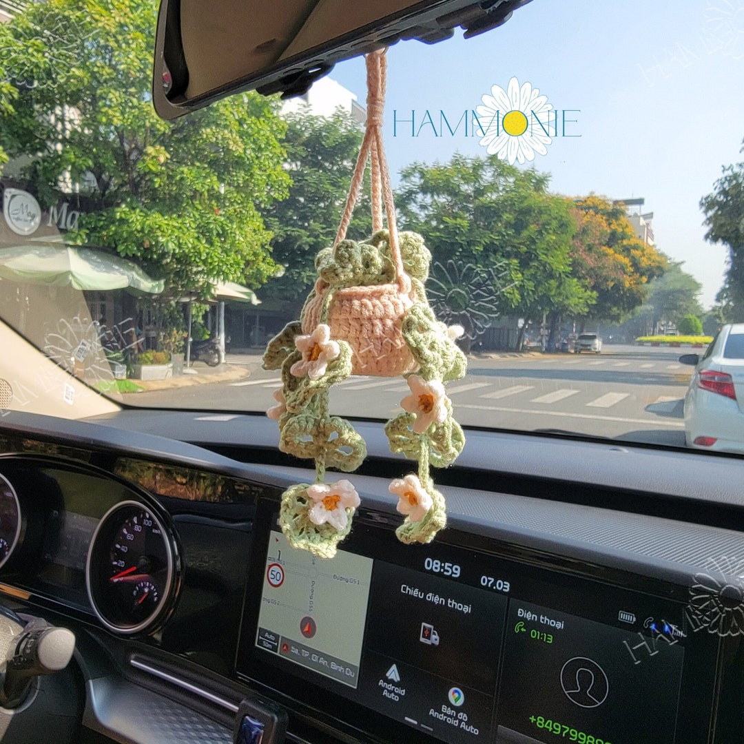 Crochet Car Plant Hanging, Crochet Daisy Plant Car Decor, Car Accessories for Women, Plant Lover Gift