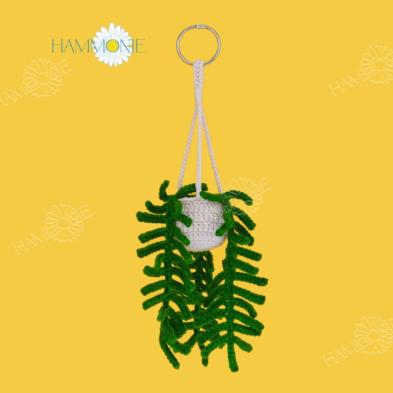May include: A crocheted hanging planter with a white pot and green leaves. The planter is hanging from a metal ring.